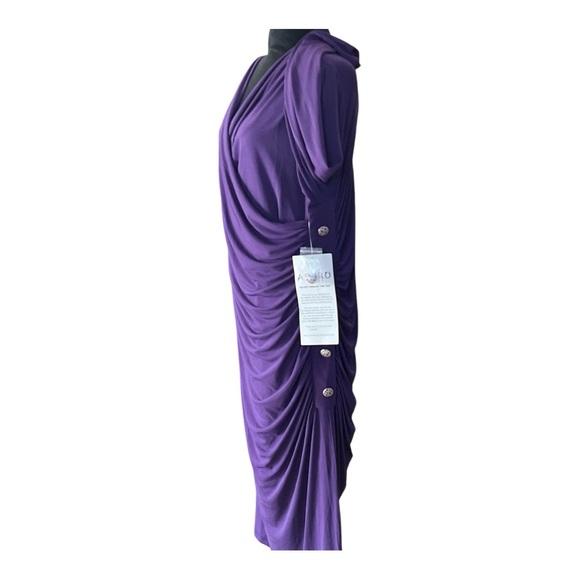 Purple Knot Dress With Side Roughing with Side Animal Print Buttons Size L NWTS - Picture 2 of 6